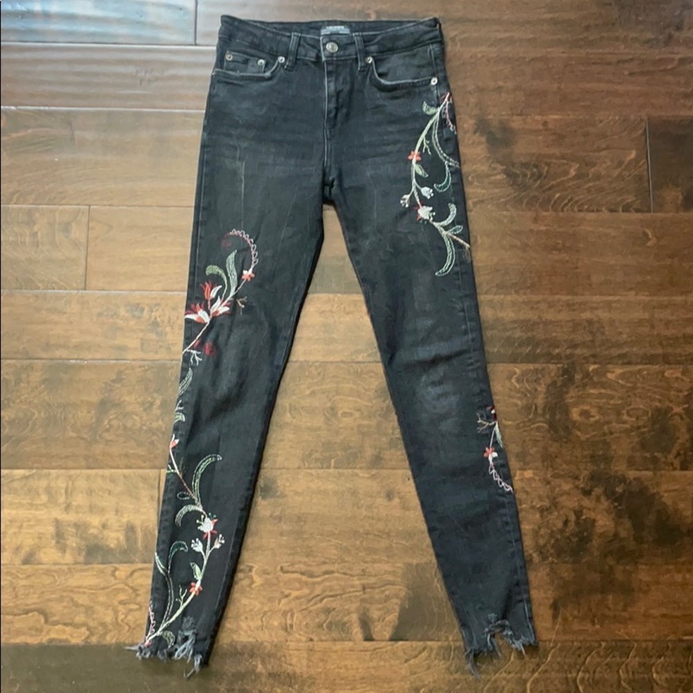 Black Floral Embroidered Zara Jeans